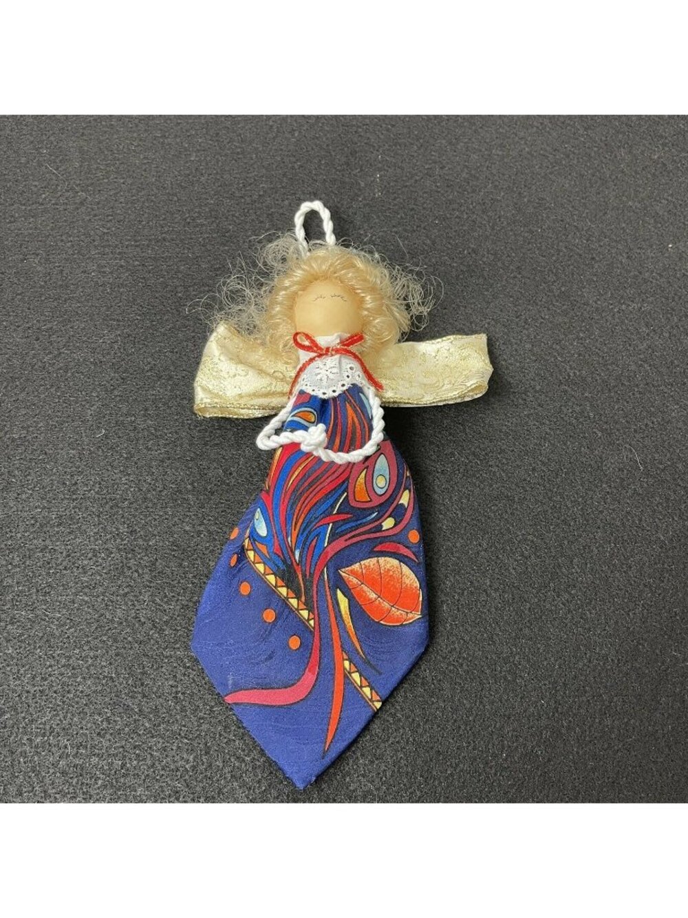 Vintage Handmade Angel Tie Ornament Multicolor Gold Bow Blonde Hair